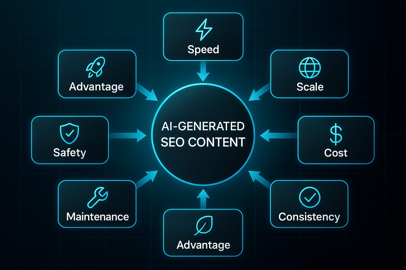 Infographic with a central glass-effect hub labeled "AI-Generated SEO Content," connected by arrows to seven benefit icons and labels.