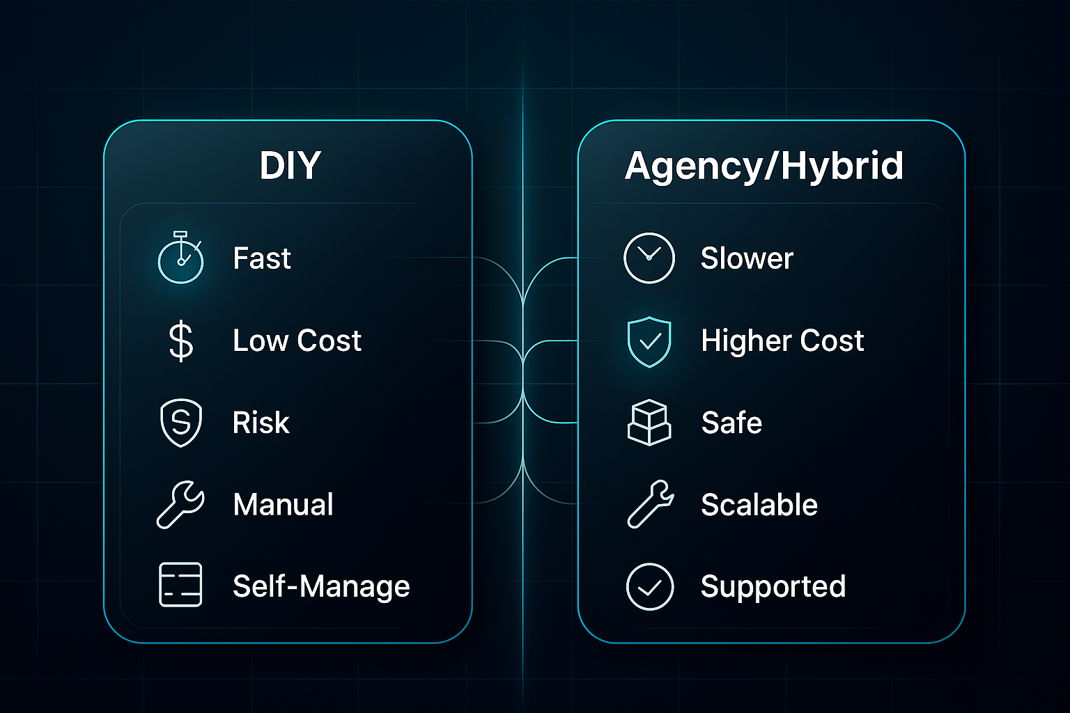 Infographic comparing DIY and Agency/Hybrid approaches with icons for speed, cost, compliance, scalability, and maintenance.