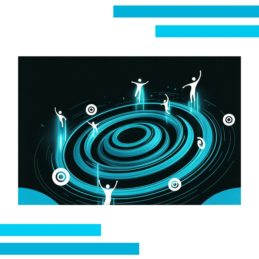 Glowing turquoise and black spiral with floating white icons and abstract figures reaching upward on a bright background