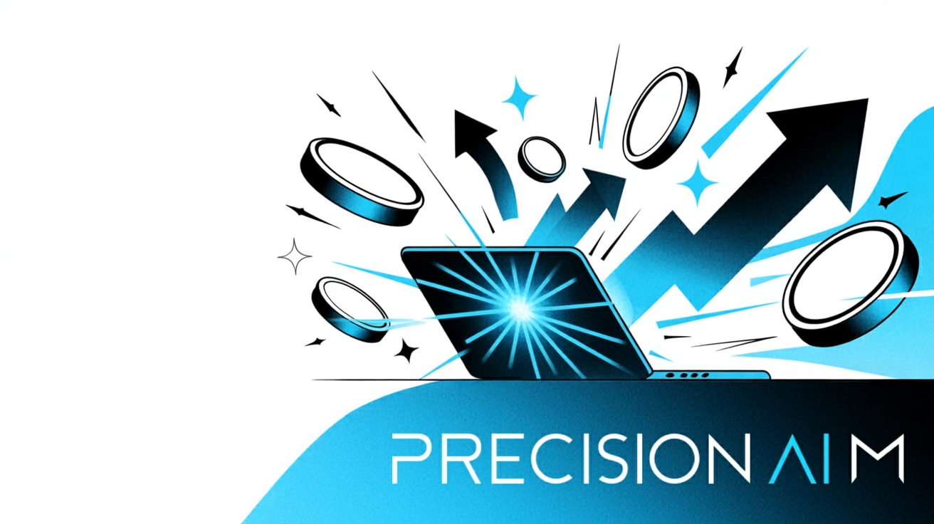 Glowing laptop with blue highlights radiates light, surrounded by floating coins, arrows, and abstract shapes on a white background.