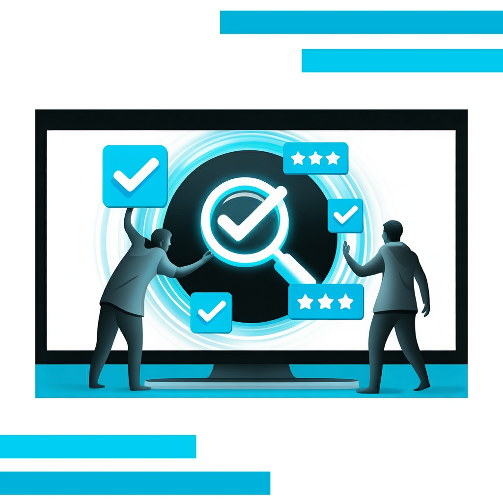 Stylized monitor with glowing blue magnifying glass, floating checkmarks, star ratings, and abstract figures interacting nearby.