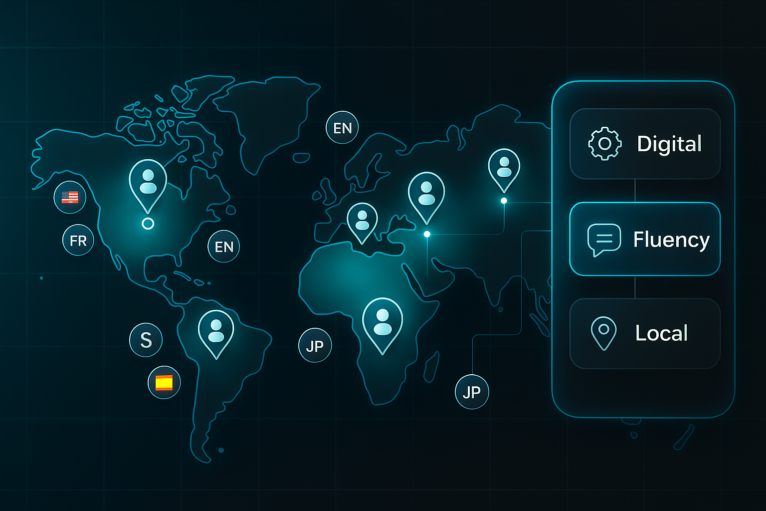 Infographic of a glowing world map with user pins, language bubbles, and a sidebar highlighting digital fluency connections across continents.