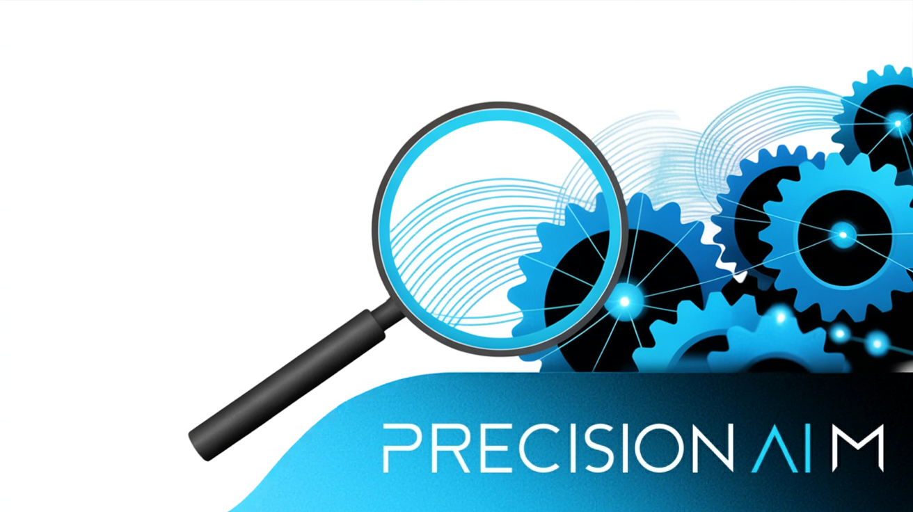 Magnifying glass over blue and black interlocking gears with glowing lines and swirling data streams on a white background