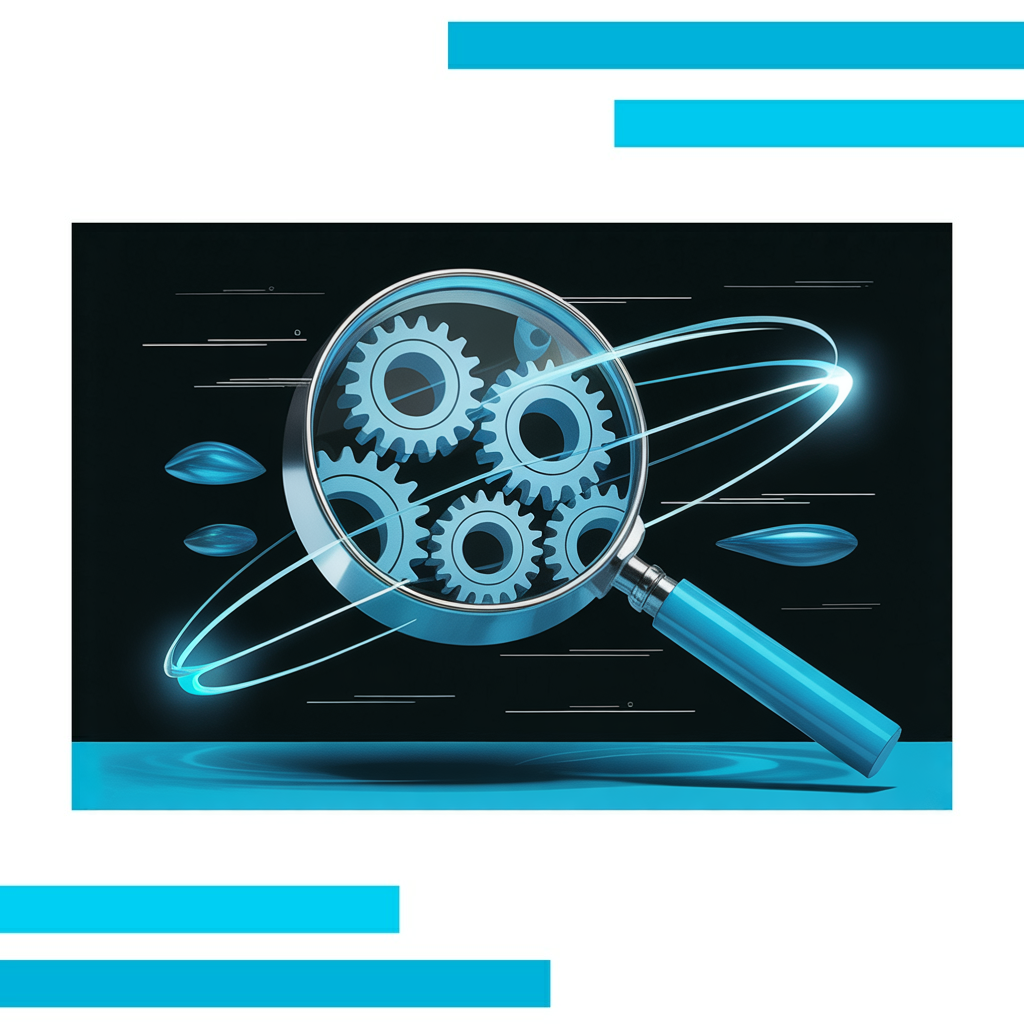 Magnifying glass with blue handle hovering over metallic gears, glowing lines connecting to abstract data nodes on a white background