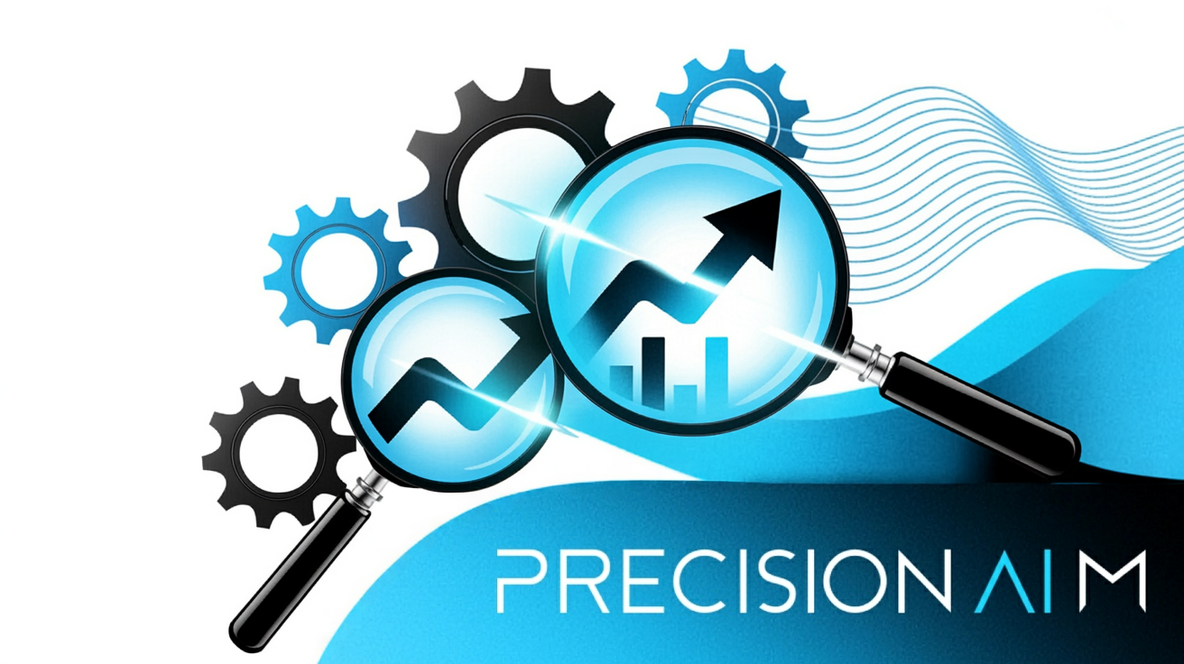 Three overlapping magnifying glasses reveal upward arrows and digital charts, surrounded by glowing blue and black gears on a white background.