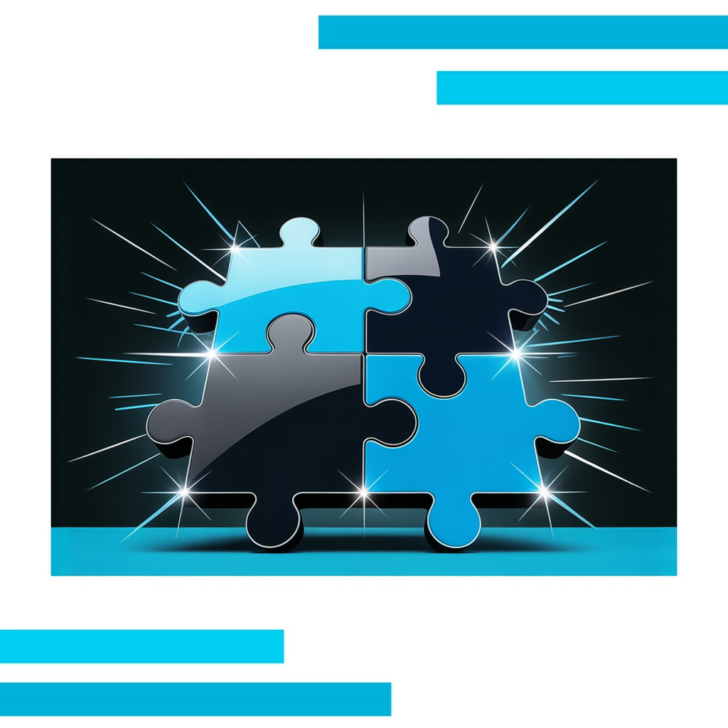 Interlocking blue and black puzzle pieces arranged in a glowing circular pattern with radiant accents on a white background