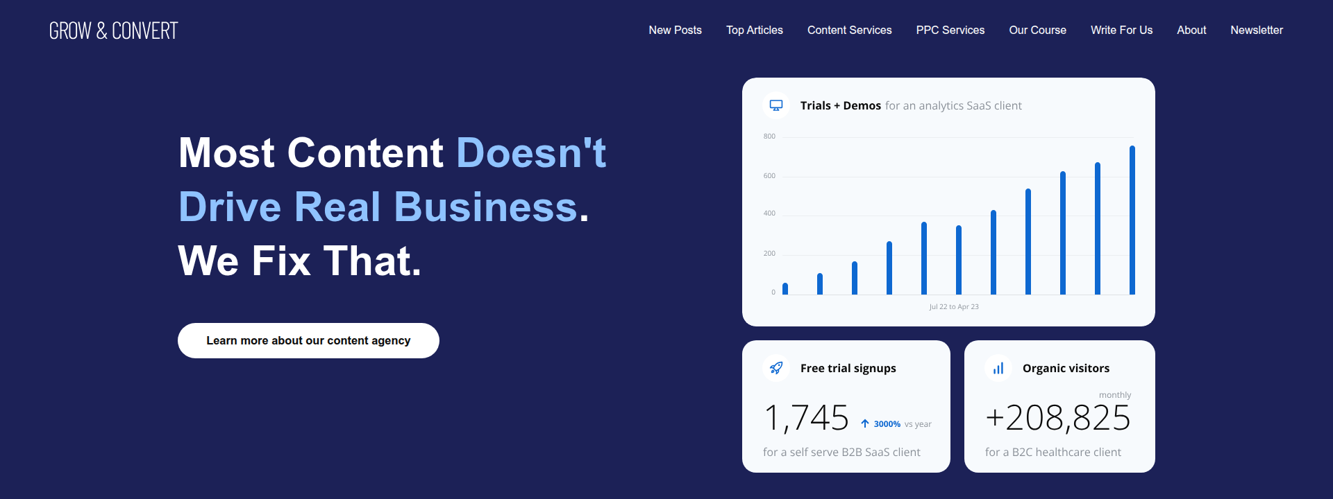 Grow & Convert homepage hero section displaying main information