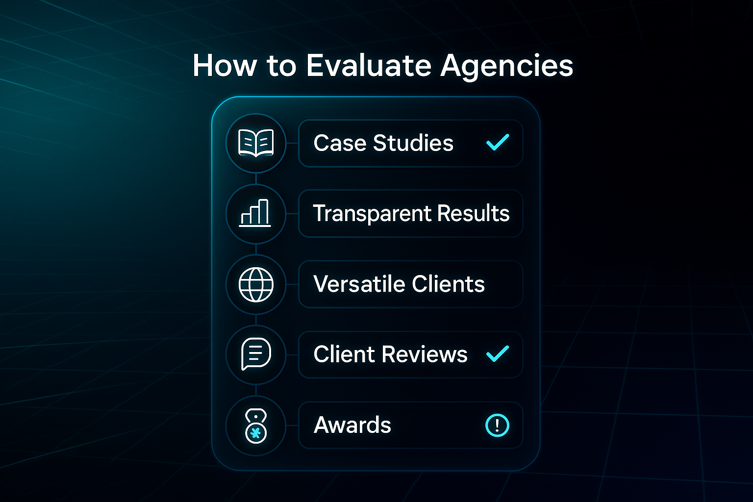 Futuristic infographic checklist titled "How to Evaluate Agencies" with six labeled criteria and glowing tech design elements