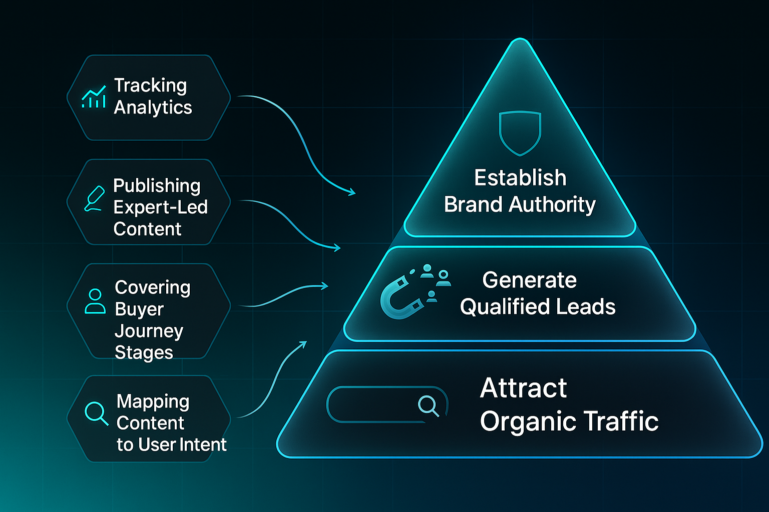 Infographic showing a glowing glass pyramid with three labeled tiers and connected hexagonal icons on a dark tech background