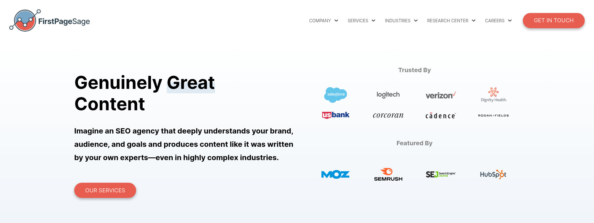 First Page Sage homepage hero section displaying main information