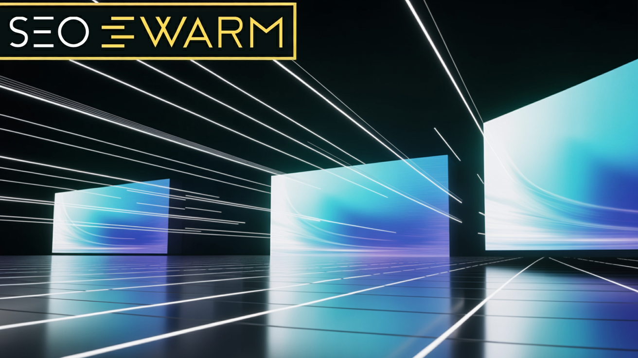 Digital stage with floating blue and white screens, spotlights, and silhouettes of people raising hands in energetic poses