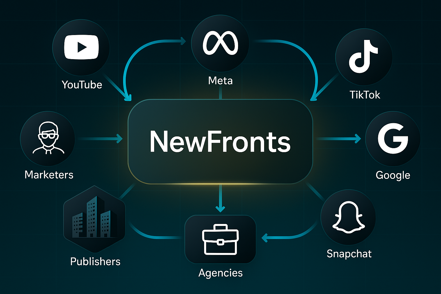 Infographic showing a central "NewFronts" stage surrounded by icons for YouTube, Meta, TikTok, Google, Snapchat, publishers, agencies, and marketers.