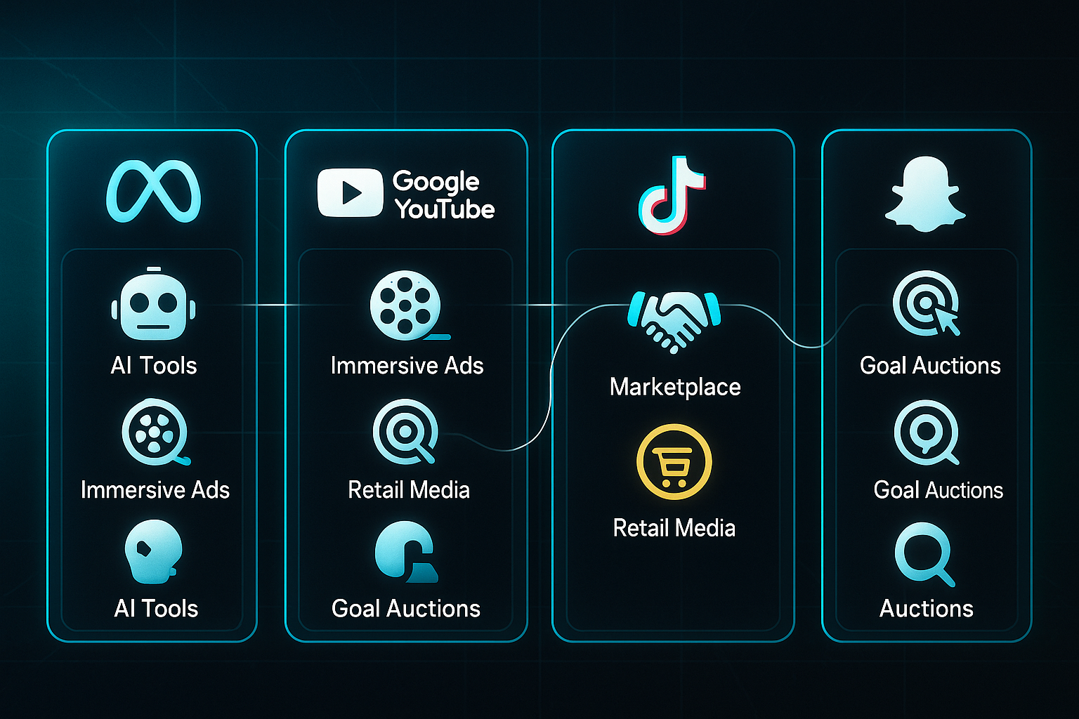 Infographic with five columns for Meta, Google/YouTube, TikTok, Amazon, and Snapchat, each showing platform logos and feature icons.