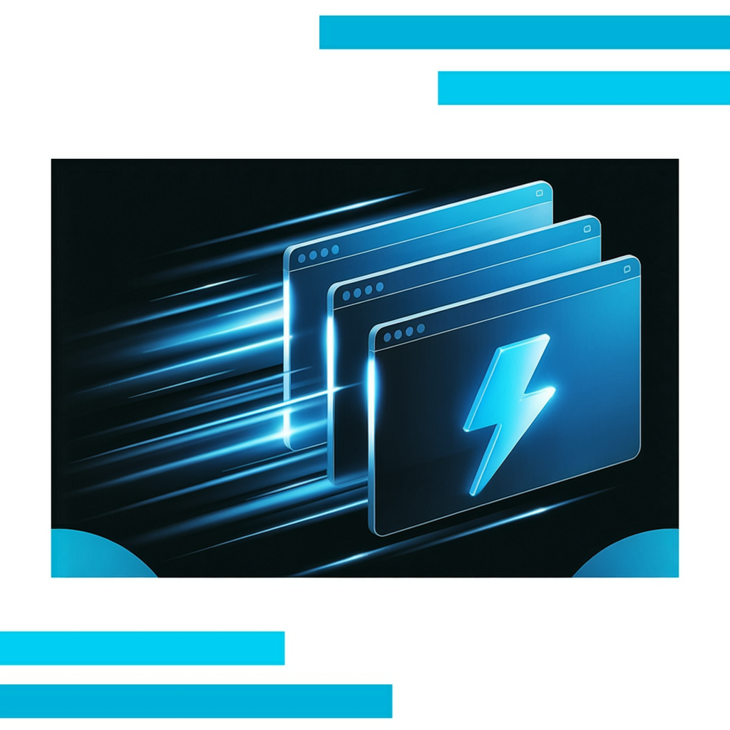 Vector illustration of modern browser windows with glowing blue lightning bolts, motion lines, and radiant blue light trails on white background