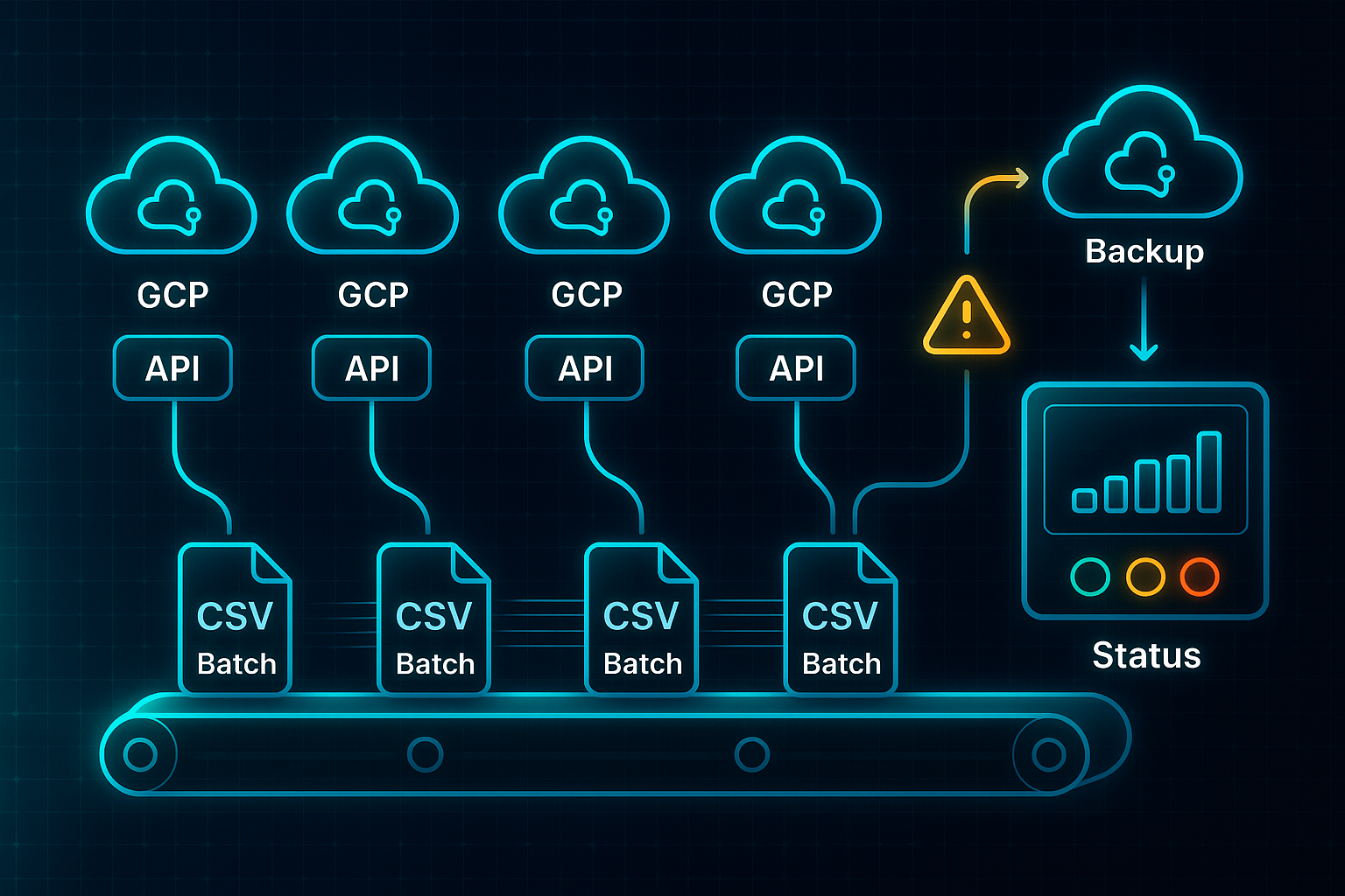 Futuristic infographic showing cloud APIs feeding batch files into a conveyor, leading to a dashboard with status indicators and an alert icon.