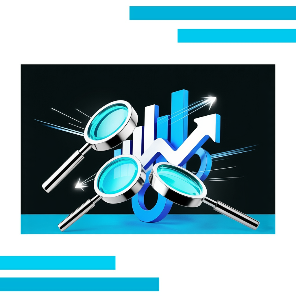 Three metallic magnifying glasses with glowing blue lenses hover over geometric icons of charts and graphs on a white background.