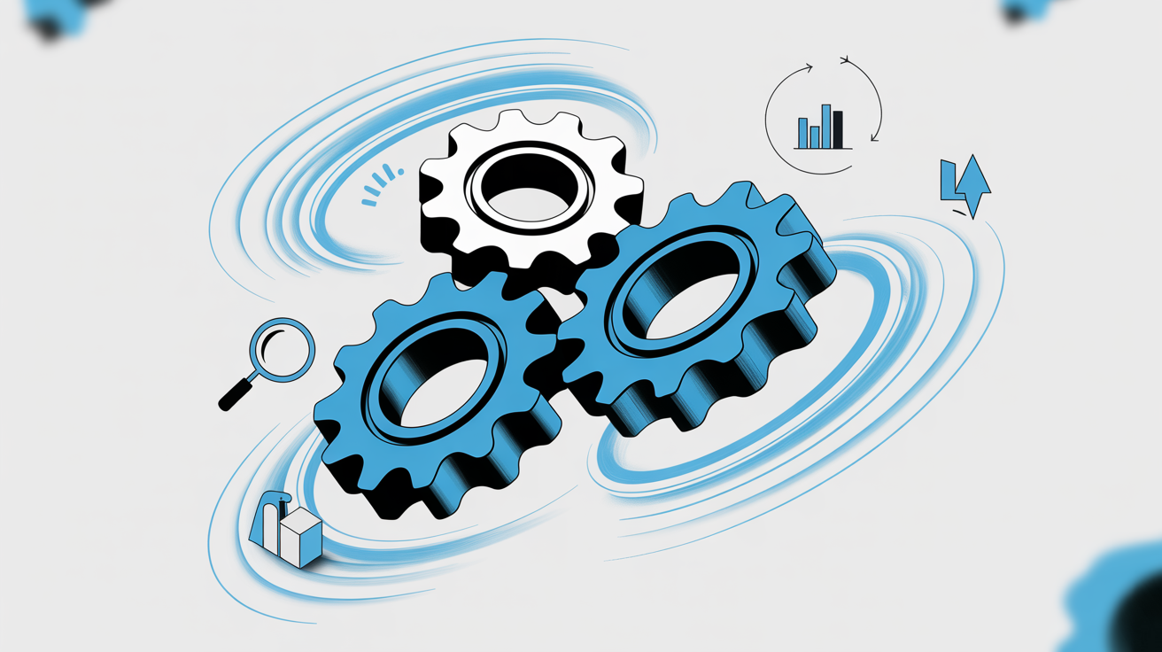 Three interlocked metallic gears in blue, black, and white, surrounded by swirling lines and floating geometric icons.