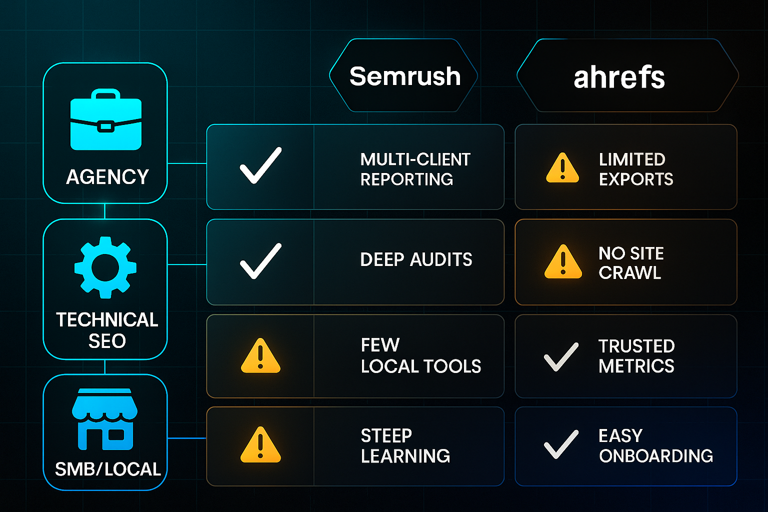 Infographic comparing agency, technical SEO, and SMB user features across Semrush, Ahrefs, and Moz platforms