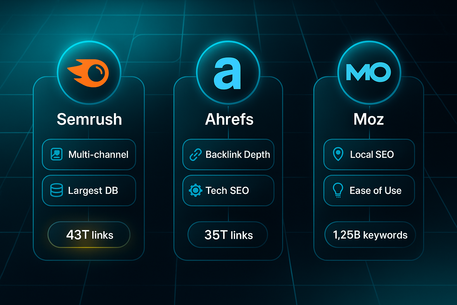 Infographic comparing Semrush, Ahrefs, and Moz with logos, key strengths, and stats in glassmorphic columns on a dark tech background