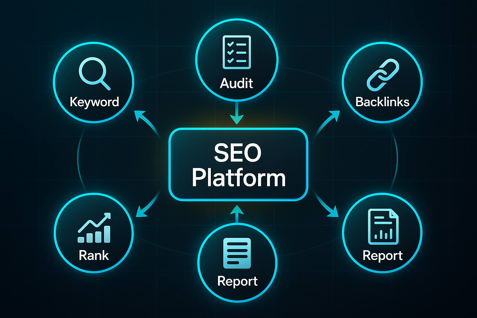Infographic showing a central "SEO Platform" hub with five labeled nodes: Keyword, Audit, Backlinks, Rank, and Report, connected by glowing arrows.
