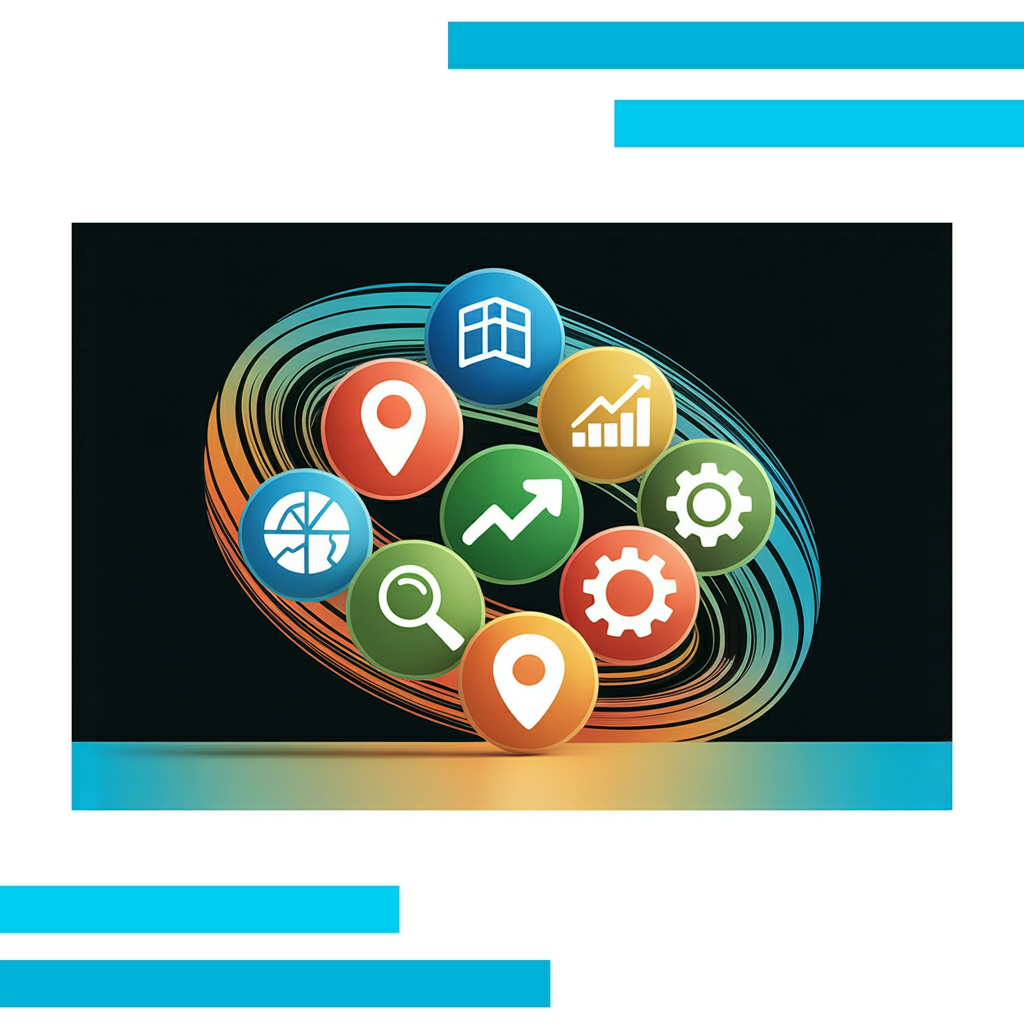 Cluster of ten glowing blue and black circular icons with unique symbols arranged in a dynamic spiral on a white background