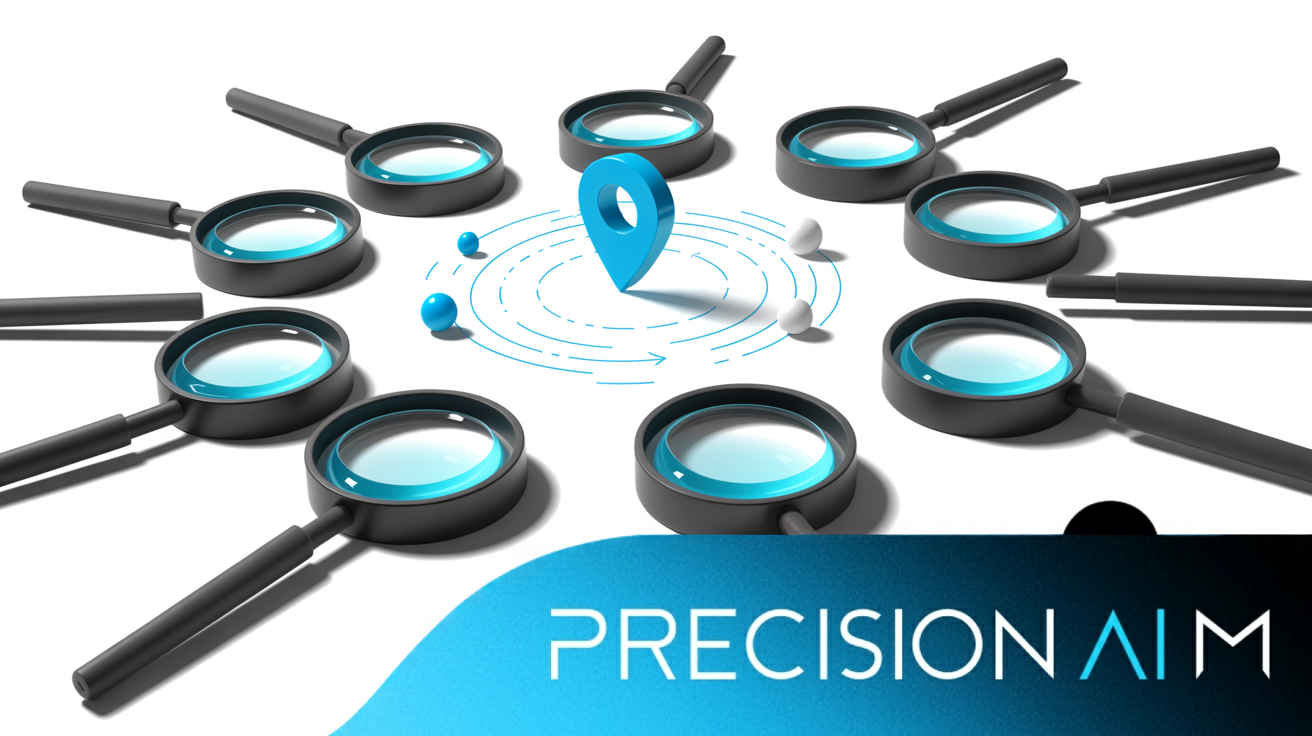 Ten glowing blue magnifying glasses connected in a circle around a bright blue map pin, radiating light and motion.