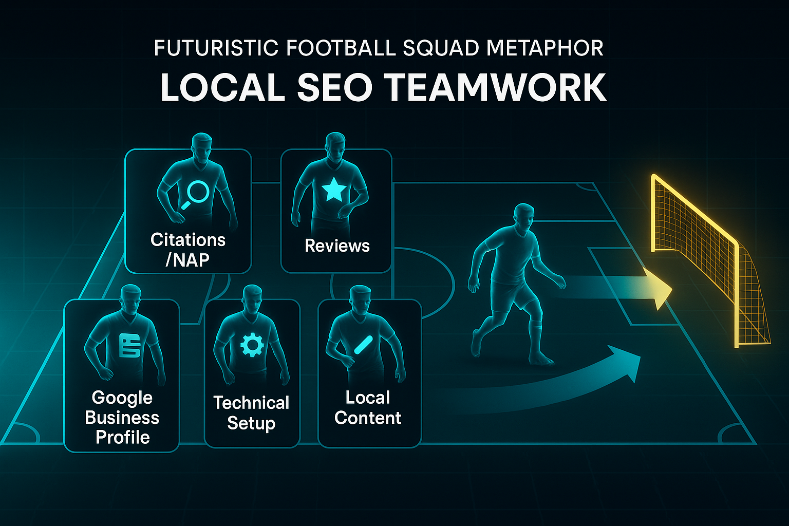 Infographic of five holographic football players on a futuristic pitch, each representing a local SEO teamwork role.