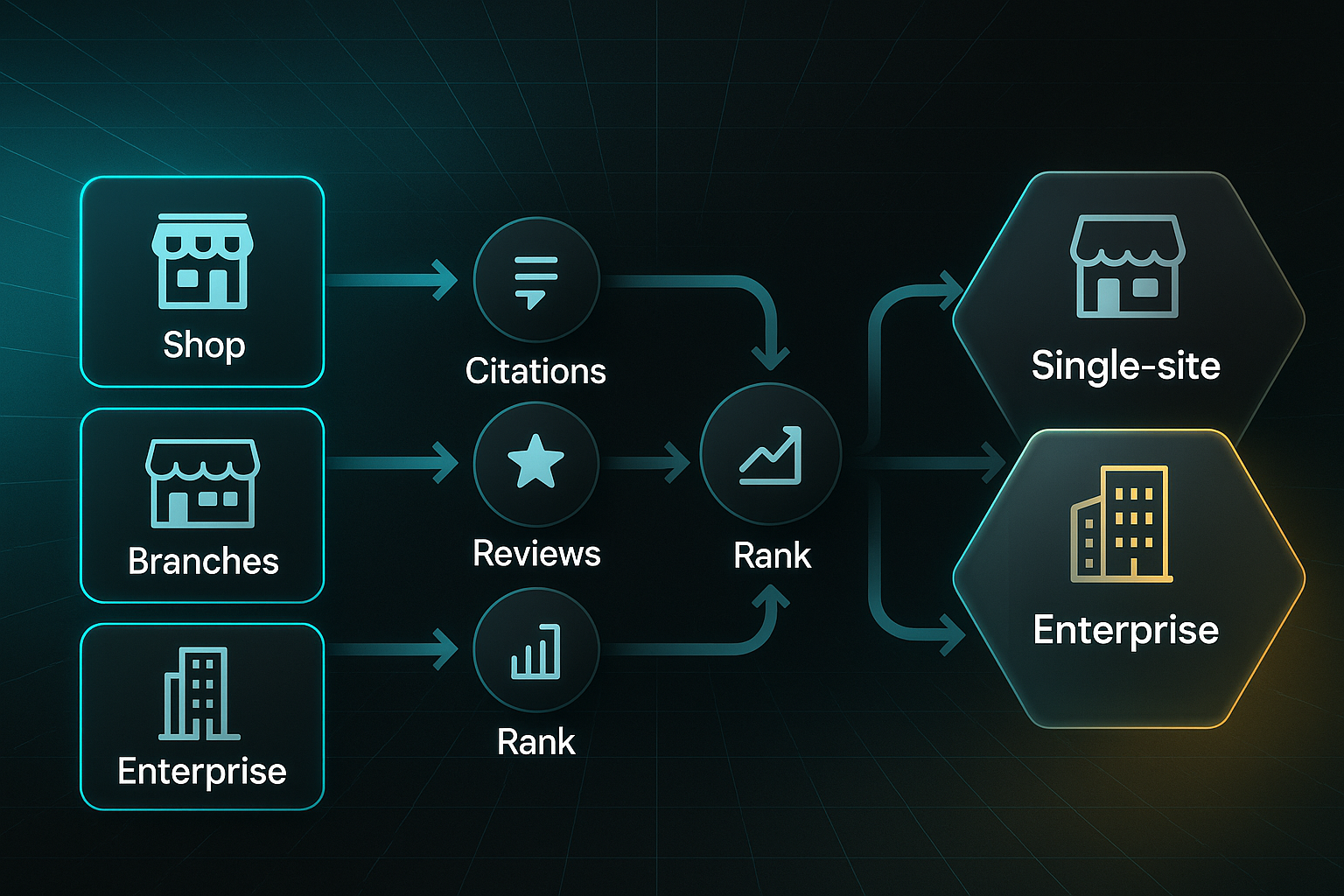 Horizontal infographic showing a flowchart from shop, branches, and enterprise to citations, reviews, rank, then tool categories.