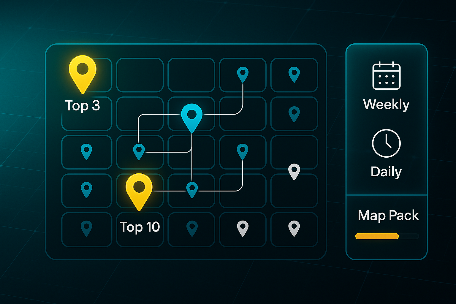 Infographic with a stylized map grid, color-coded ranking pins, labeled cells, and a glassmorphic panel with calendar, clock, and progress bar.