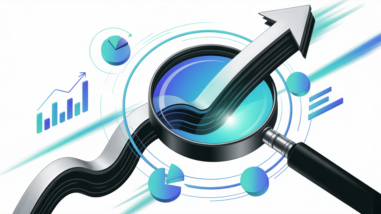 Vector illustration of a magnifying glass examining an upward arrow with glowing charts and graphs on a white dynamic background