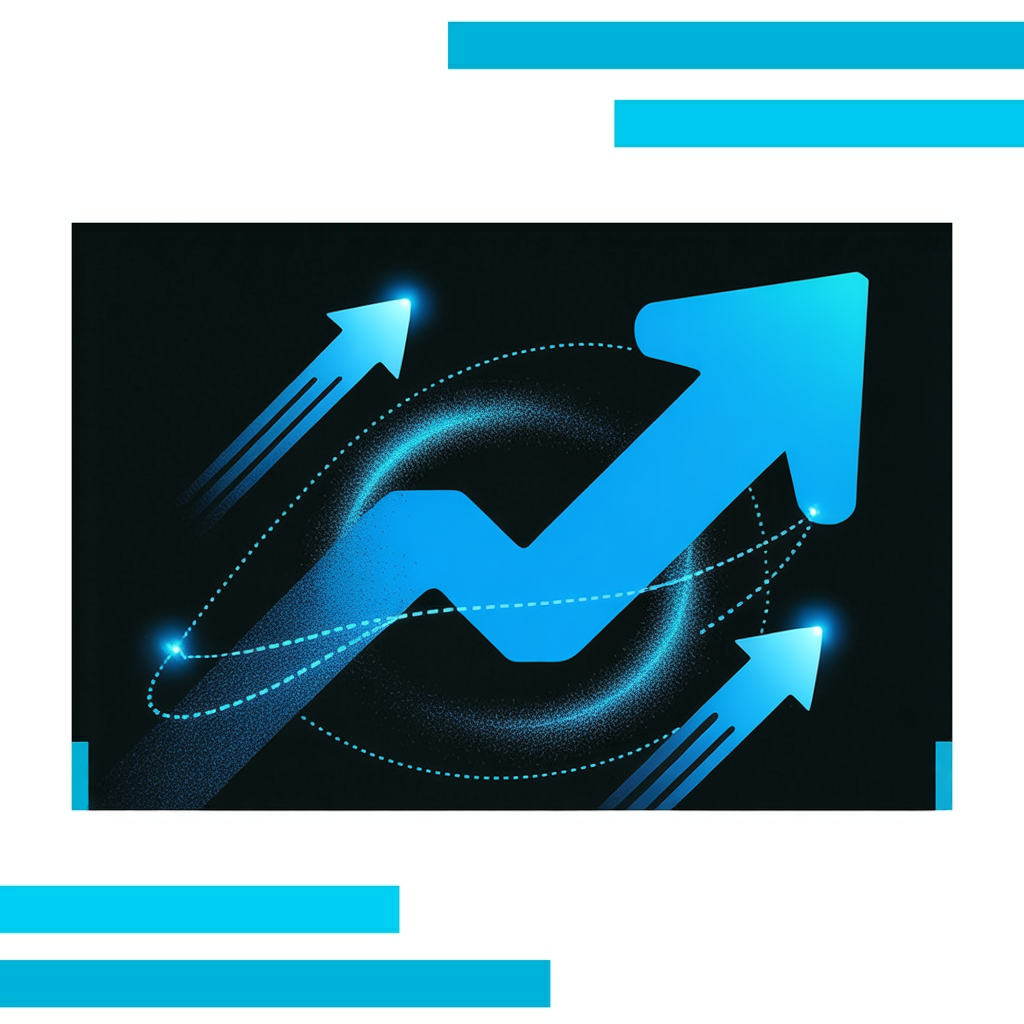 Bright blue upward arrow with glowing accents, surrounded by black and white bar and pie charts, suggesting dynamic growth.