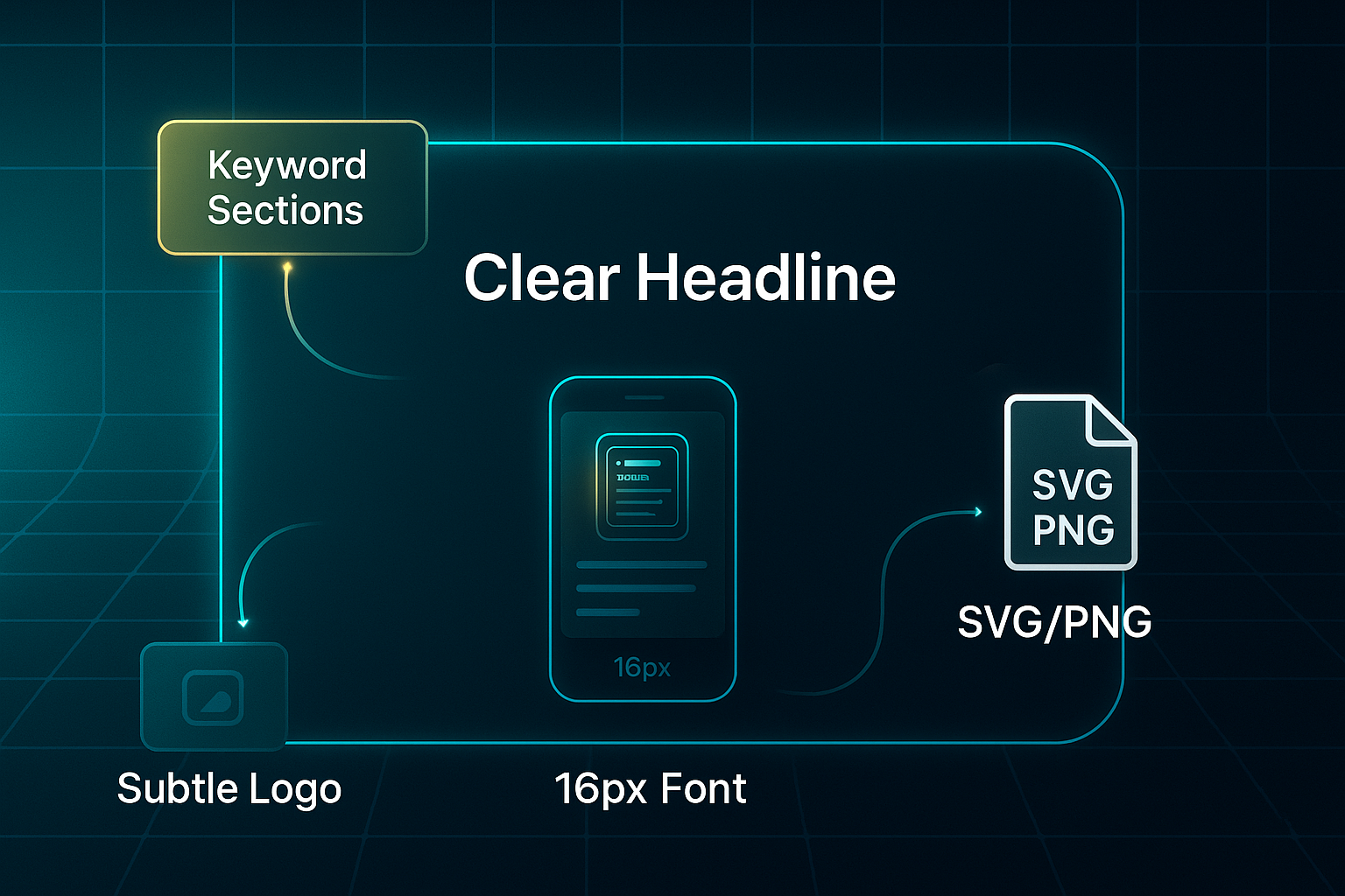Futuristic infographic mockup with five labeled callout zones, glowing arrows, and a dark tech grid background