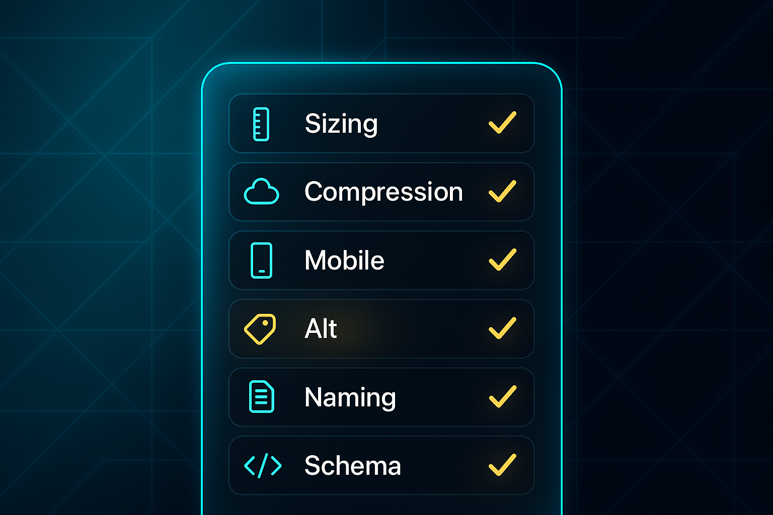 Infographic with a glassmorphic checklist showing sizing, compression, mobile, alt, naming, and schema, each marked complete