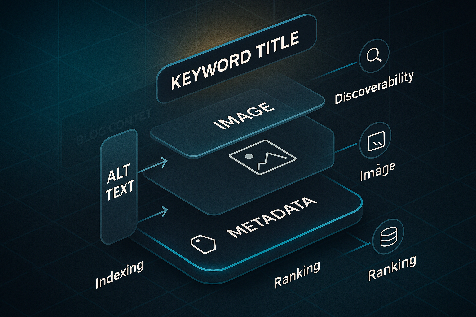 Isometric infographic stack showing layers labeled Metadata, Image, and Keyword Title, with arrows to nodes for Discoverability, Indexing, and Ranking