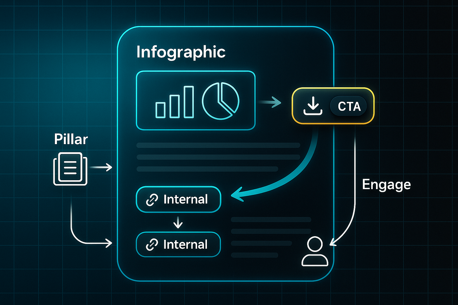 Infographic map showing a stylized blog post mockup with labeled infographic, CTA, pillar, and engage icons connected by arrows.