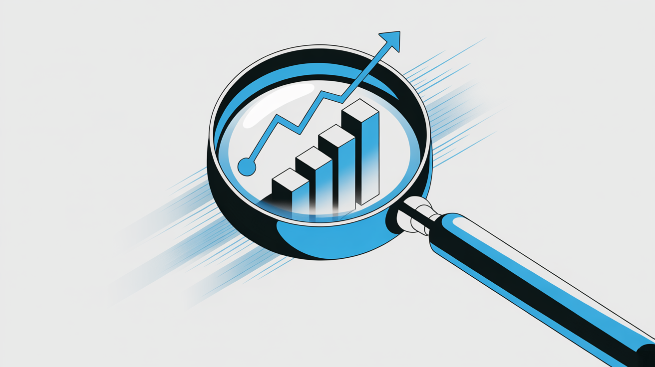 Magnifying glass with blue rim examining ascending bar charts connected by glowing blue lines on a white background