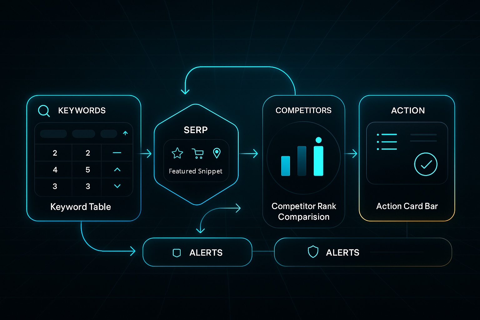 Futuristic AI dashboard infographic with five panels showing keyword table, SERP tracker, competitor comparison, actions, and alerts.
