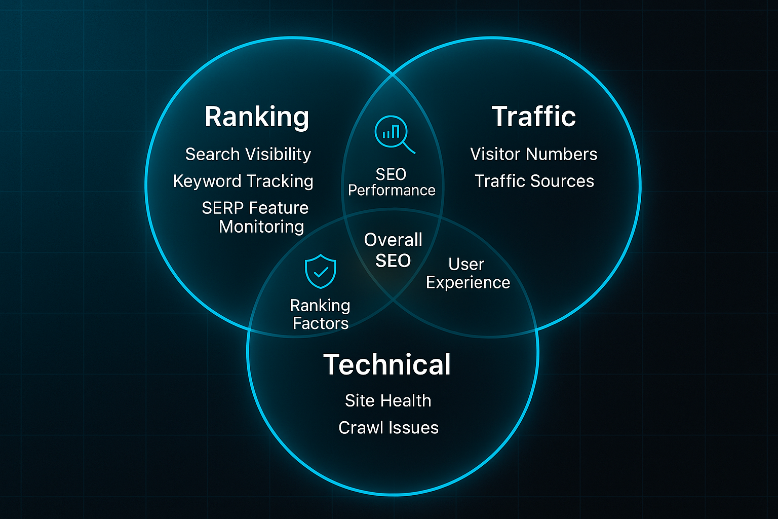 Infographic showing a Venn diagram with Ranking, Traffic, and Technical circles, labeled attributes, and icons on a dark tech background.