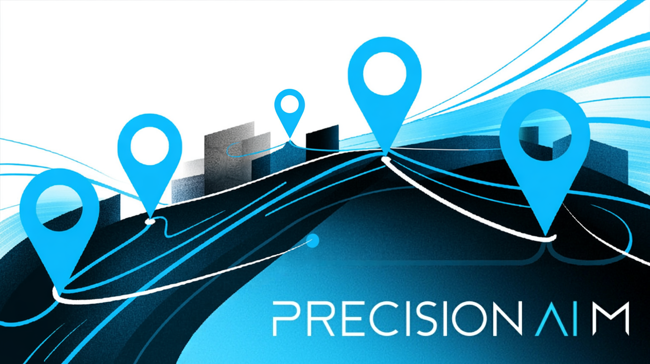 Stylized map with blue location pins connected by white lines, layered over building outlines and glowing blue gradients.