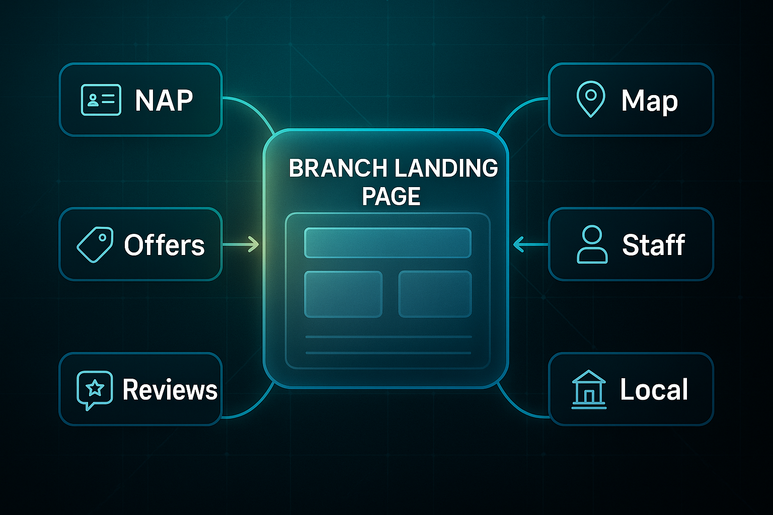 Infographic showing a wireframe branch landing page with six labeled callouts: NAP, Map, Offers, Staff, Reviews, and Local.