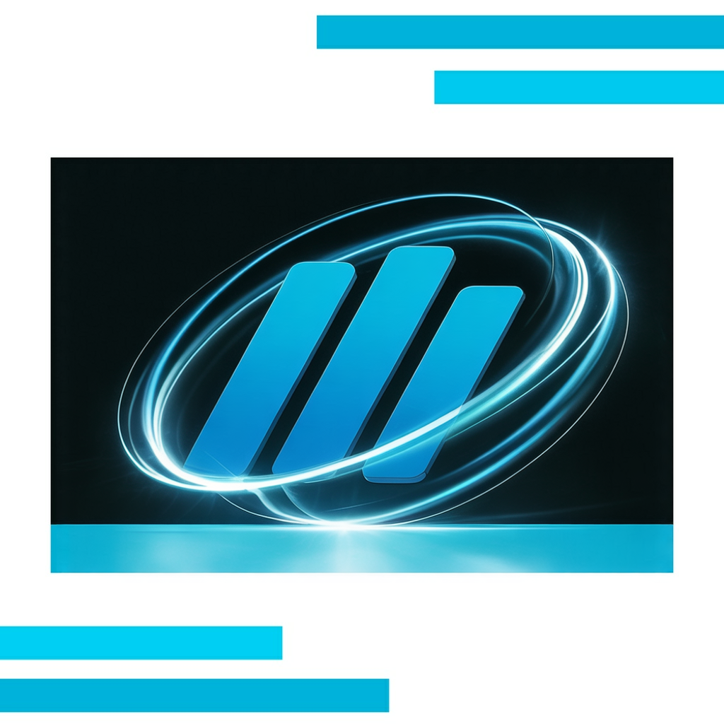 Diagonal chain of interlocking metallic blue and black links on a bright white background with swirling blue energy lines