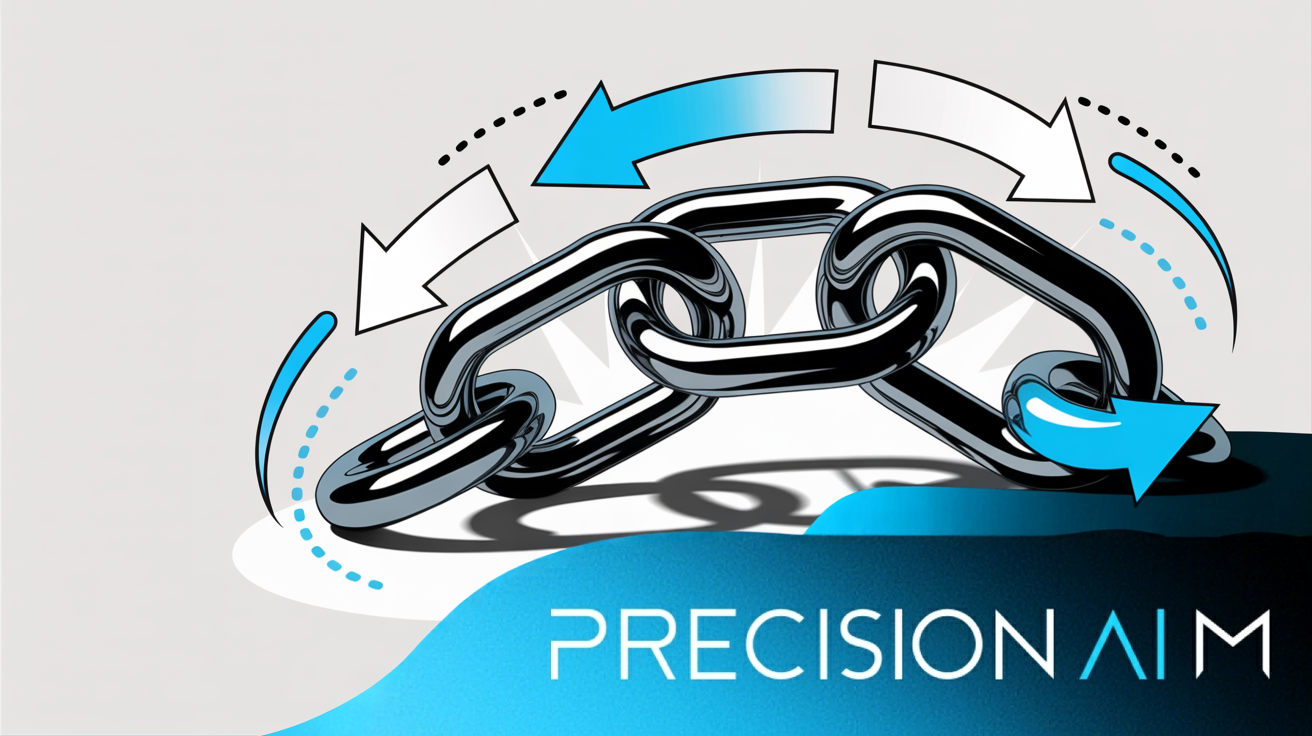 Three interlocking metallic chain links with blue gradients, glowing connections, and swirling arrows on a white background