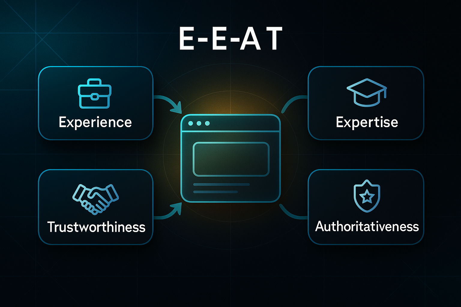 Infographic showing a central website icon with four labeled rectangles for Experience, Expertise, Authoritativeness, and Trustworthiness