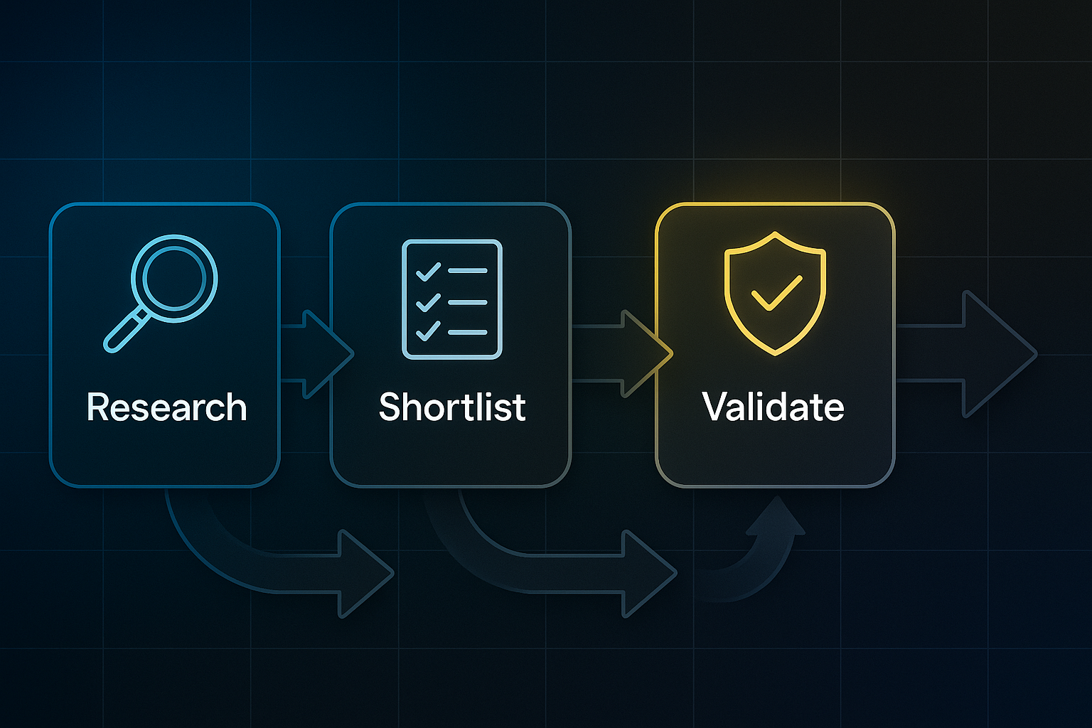 Horizontal flowchart with four steps: Research, Shortlist, Validate (highlighted), and Outreach, each with matching icons and curved arrows.