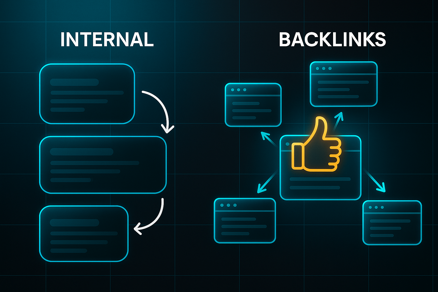 Infographic comparing internal navigation with interconnected web pages and backlinks pointing to a central browser window with a thumbs-up icon