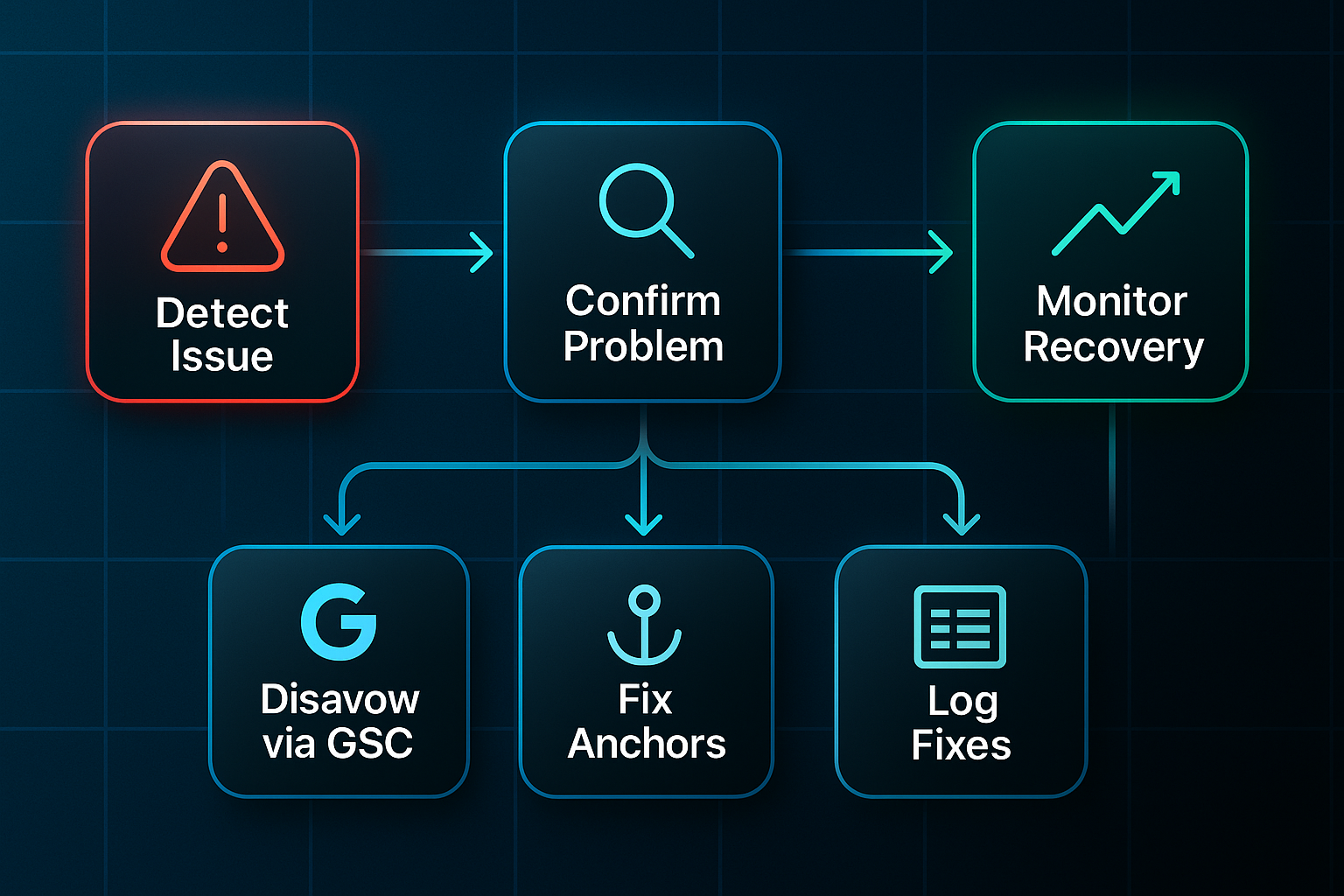Infographic showing a five-step flowchart for issue detection, confirmation, actions, and monitoring recovery.