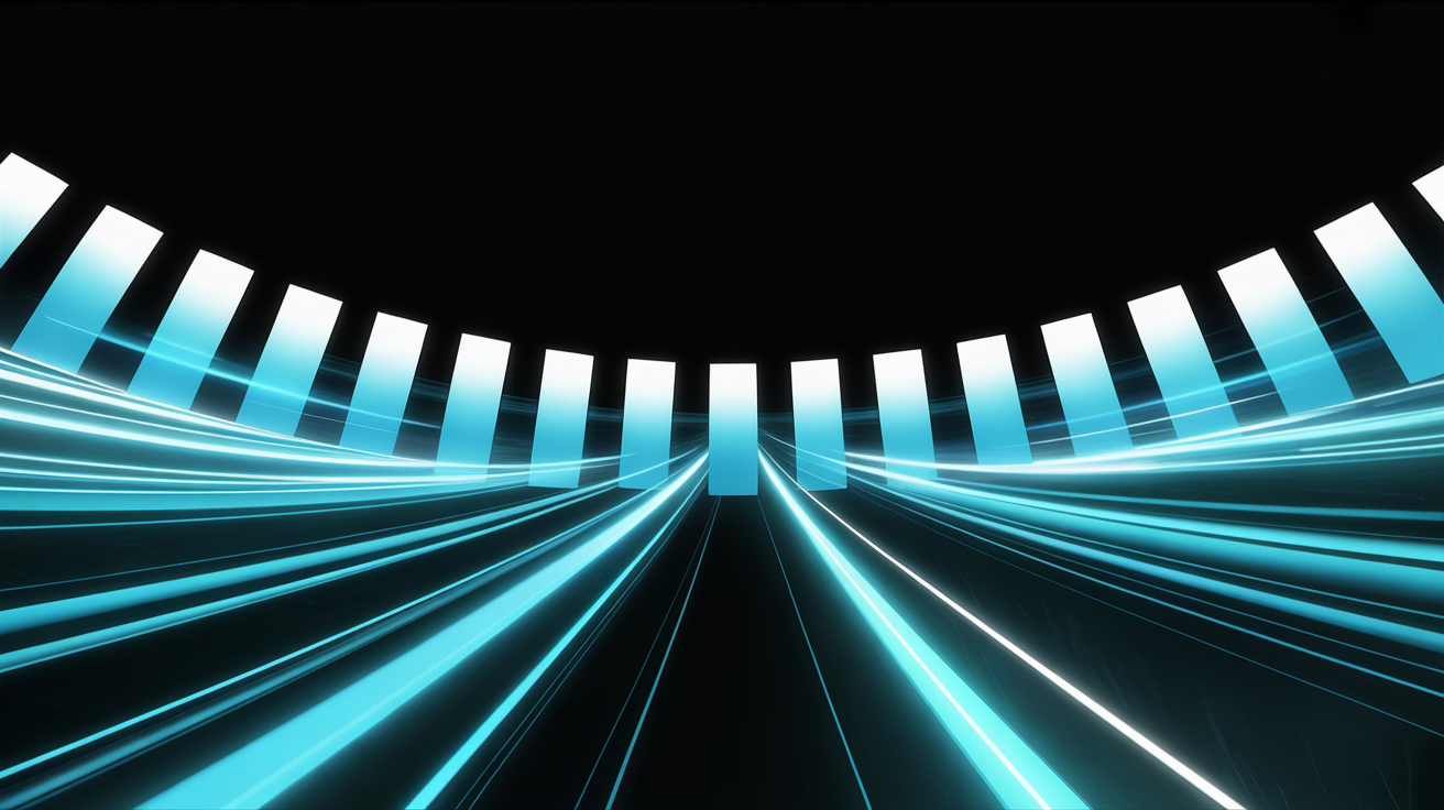 Thirteen glowing blue and white digital panels in a semi-circle, connected by radiant energy streams and upward curving arrows.