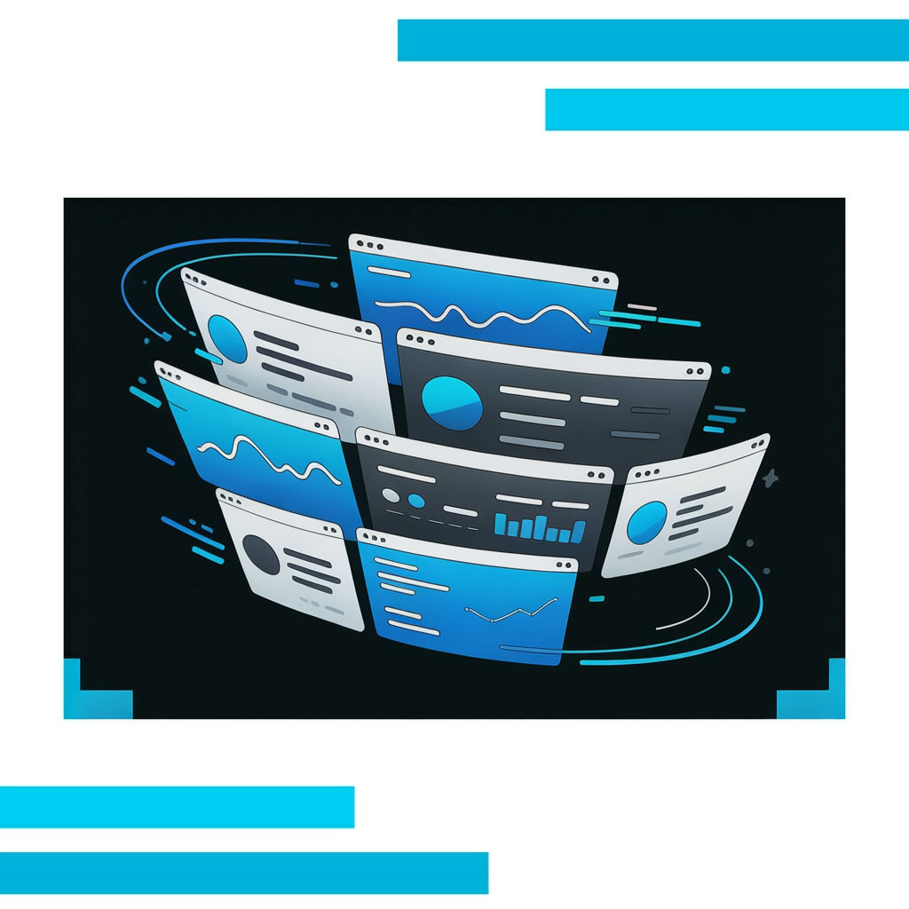 Spiral arrangement of thirteen overlapping UI windows with sliders, charts, and toggles in blue and charcoal tones.