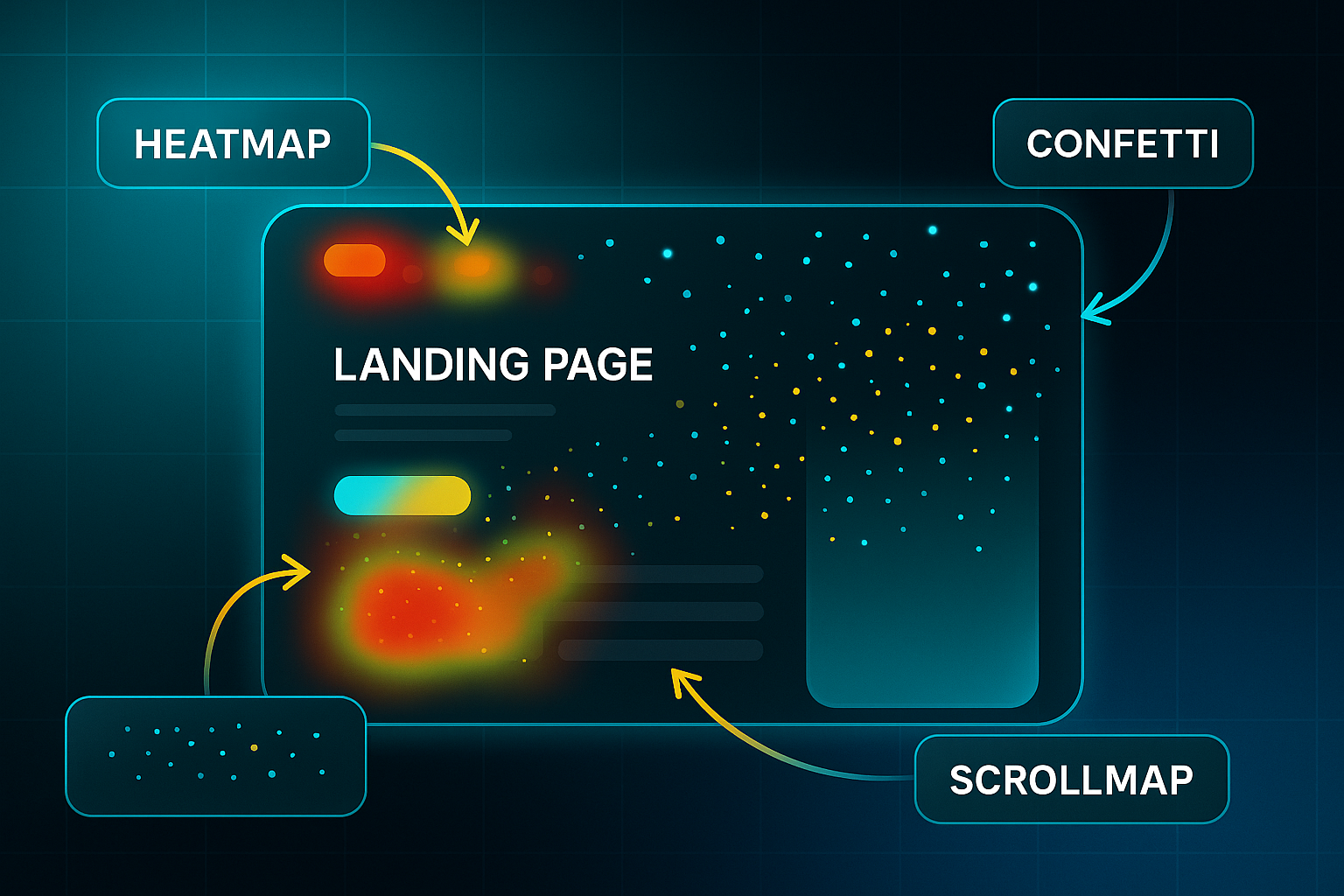 Infographic showing a landing page mockup with heatmap, confetti, and scroll depth analytics overlays and labeled callouts.
