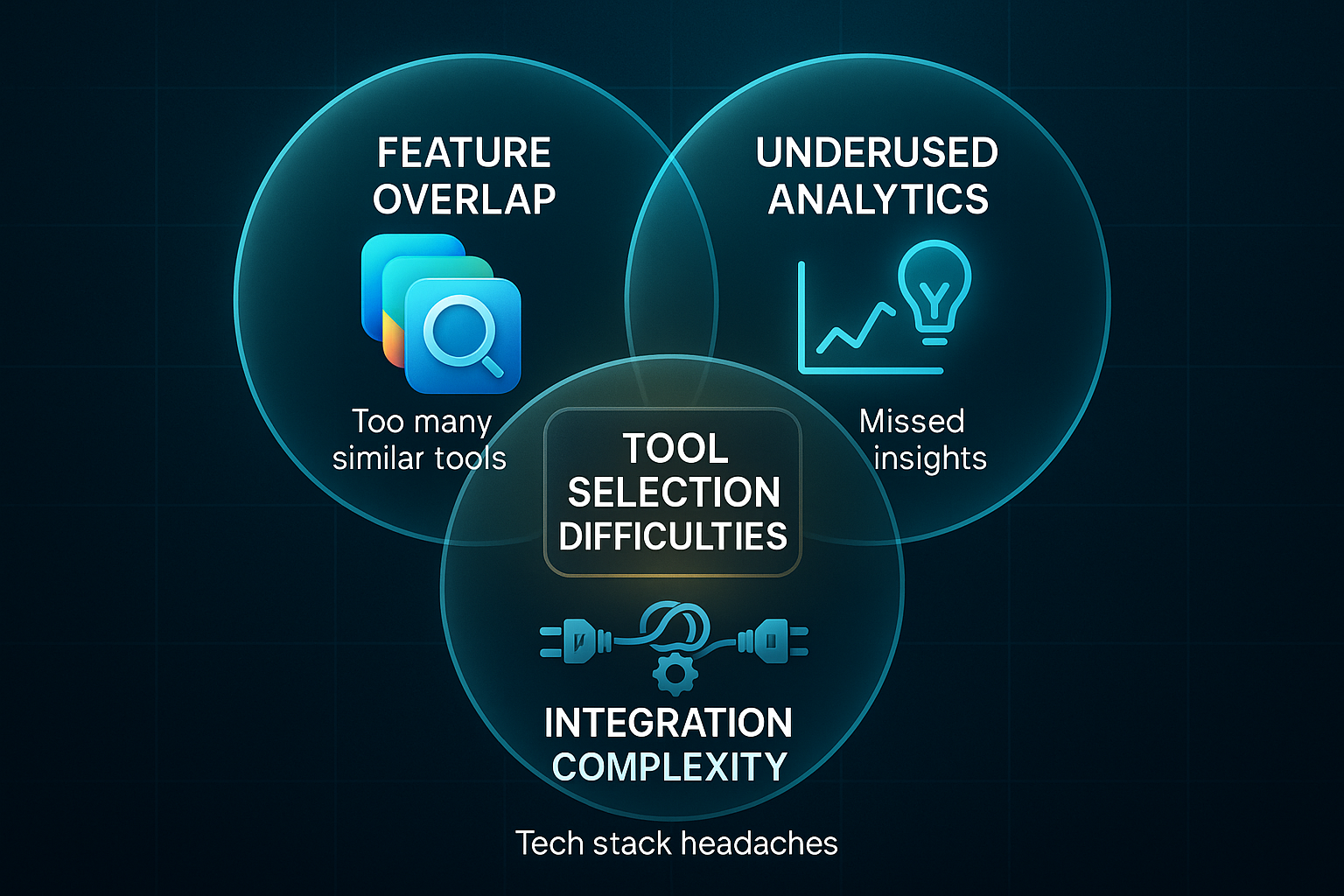Infographic with three overlapping glass-effect circles showing feature overlap, underused analytics, and integration complexity.